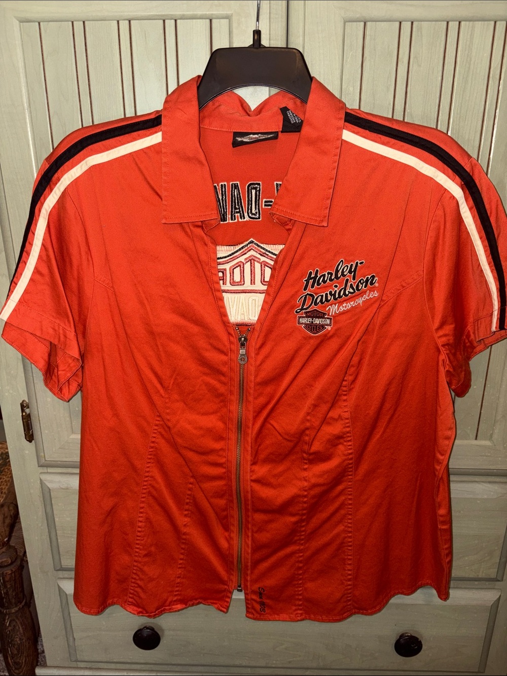 Harley-Davidson Orange Short-Sleeve Zip Front Polo with Black & White Stripes